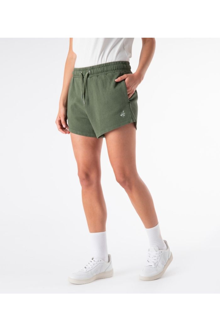 Short sportivi donna verde militare in felpa 100% cotone organico 